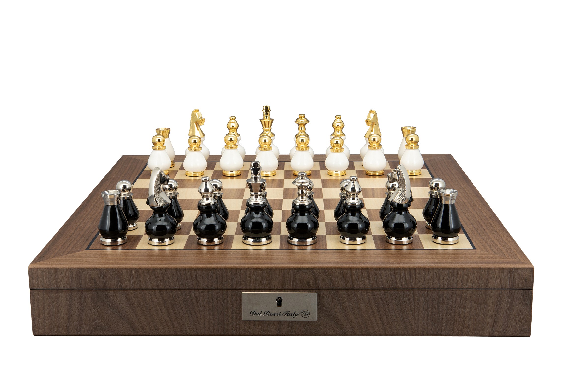 Dal Rossi Italy, Black and White with Gold and Silver Tops and Bottoms Chessmen 90mm  on a Walnut Inlaid Chess Box with Compartments 20"