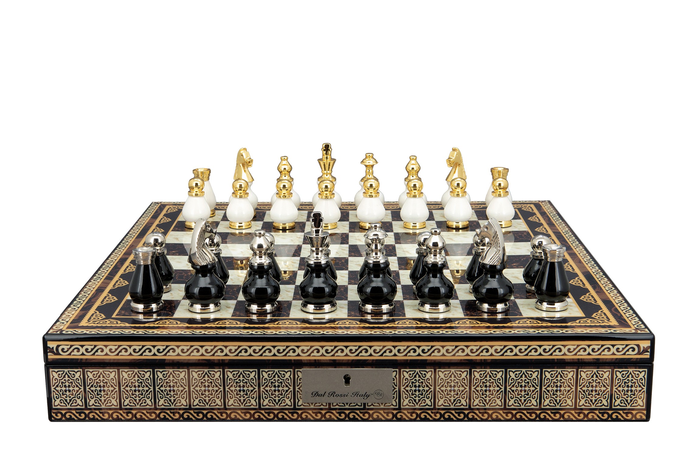 Dal Rossi Italy, Black and White with Gold and Silver Tops and Bottoms Chessmen 90mm on a Mosaic Finish Shiny Chess Box with Compartments 20"