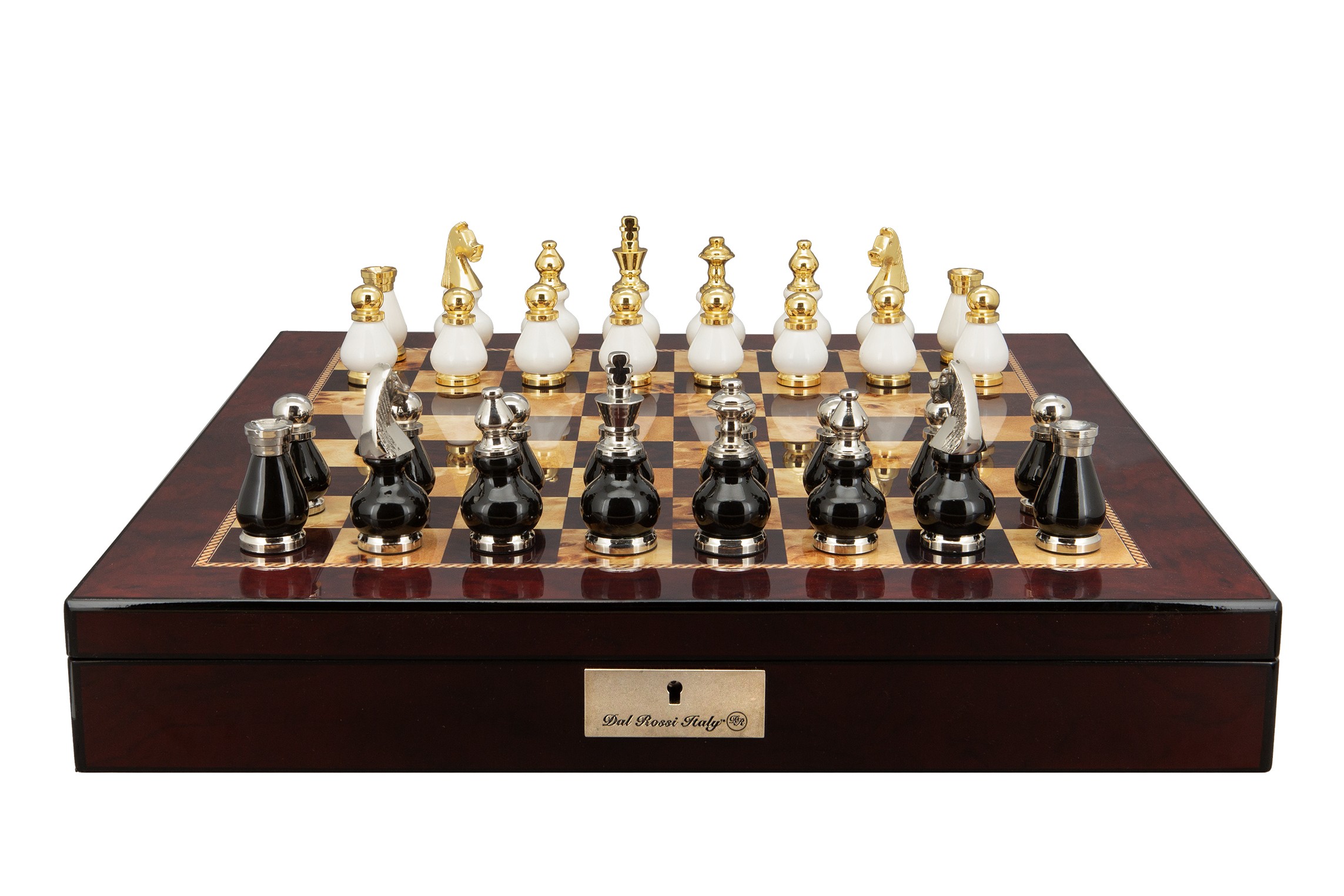 Dal Rossi Italy, Black and White with Gold and Silver Tops and Bottoms Chessmen 90mm on a Mahogany Finish Shiny Chess Box with Compartments 20"