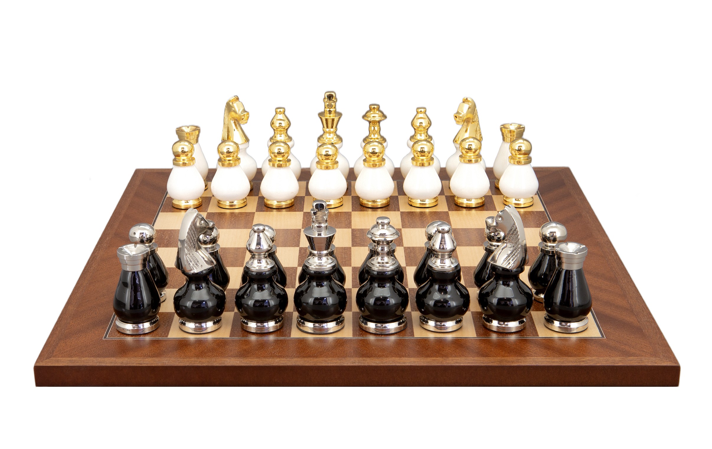Dal Rossi Italy, Black and White with Gold and Silver Tops and Bottoms Chessmen 90mm on a Mahogany / Maple, 40cm Chess Board