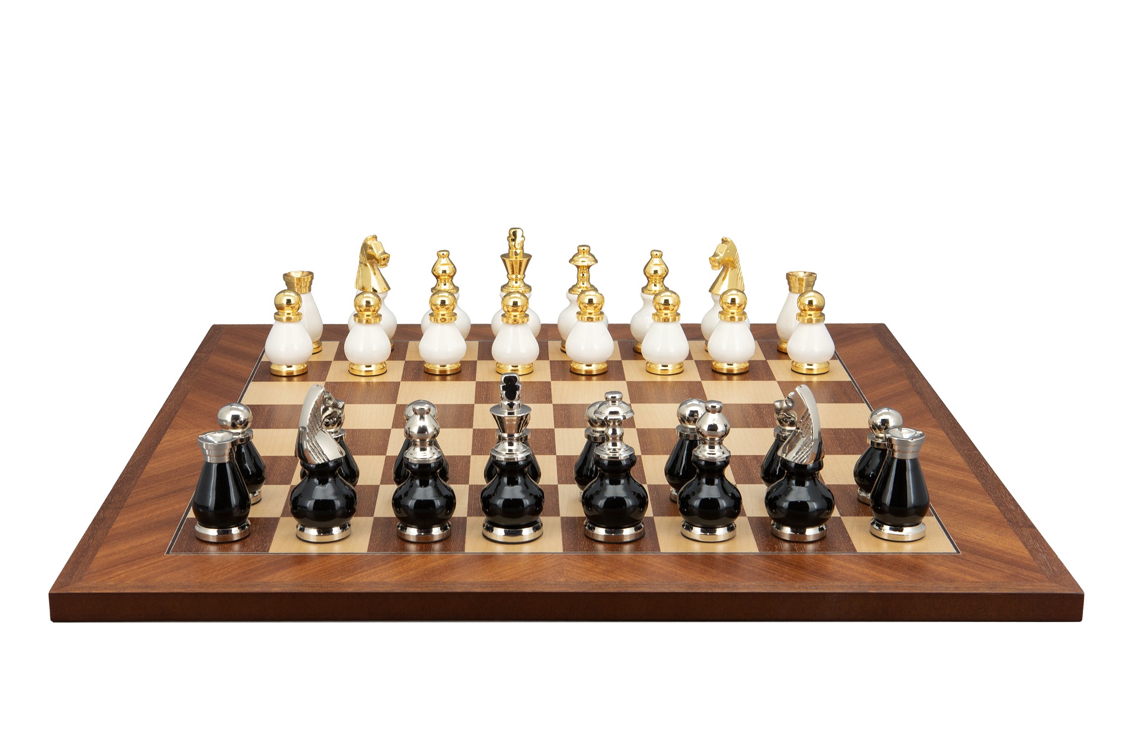 Dal Rossi Italy, Black and White with Gold and Silver Tops and Bottoms Chessmen 90mm on a Mahogany / Maple, 50cm Chess Board