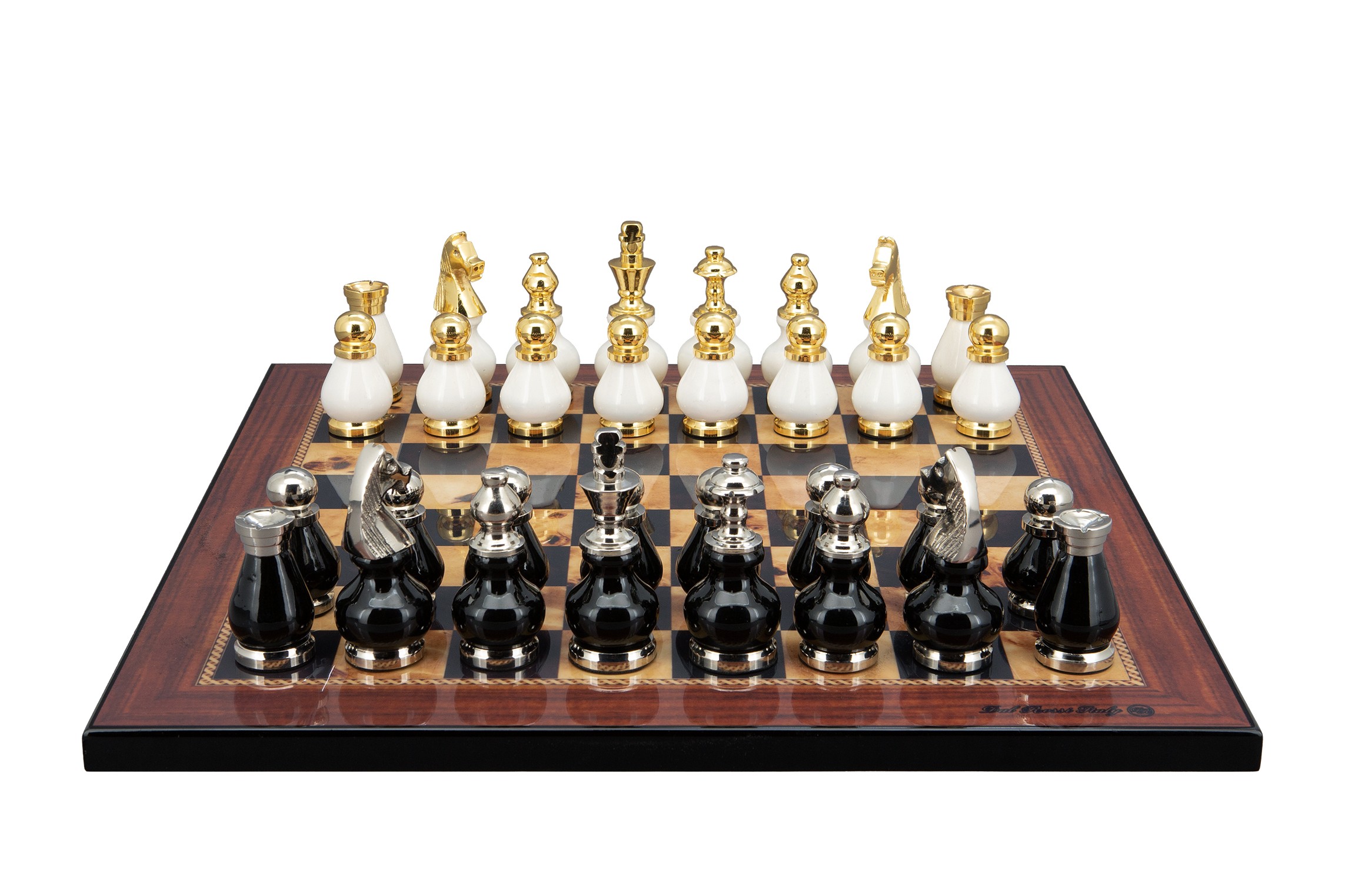 Dal Rossi Italy, Black and White with Gold and Silver Tops and Bottoms Chessmen 90mm on a Walnut Shiny Finish, 40cm Chess Board