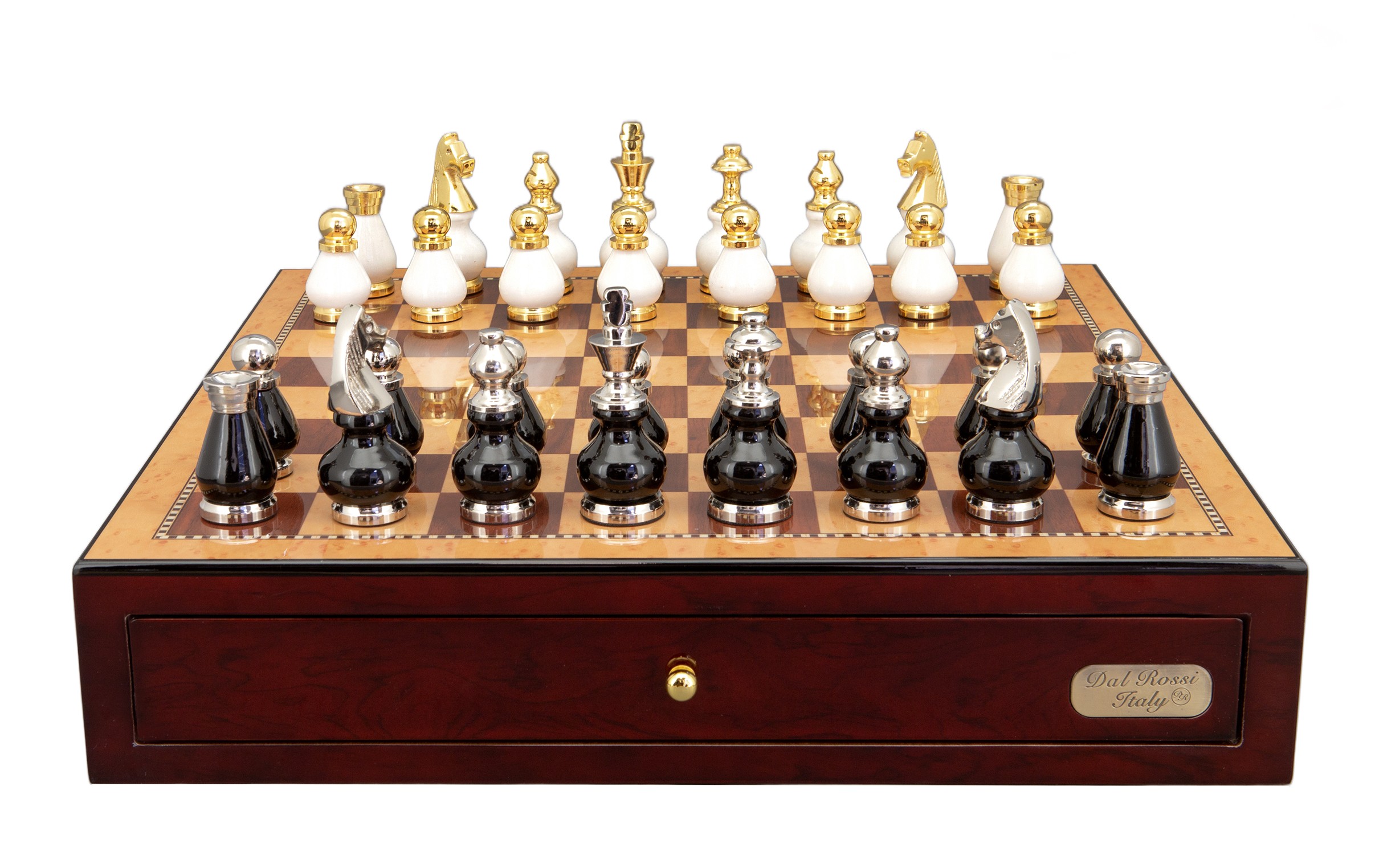 Dal Rossi Italy, Black and White with Gold and Silver Tops and Bottoms Chessmen 90mm  on a Shiny Mahogany Chess Box with two Drawers 18"