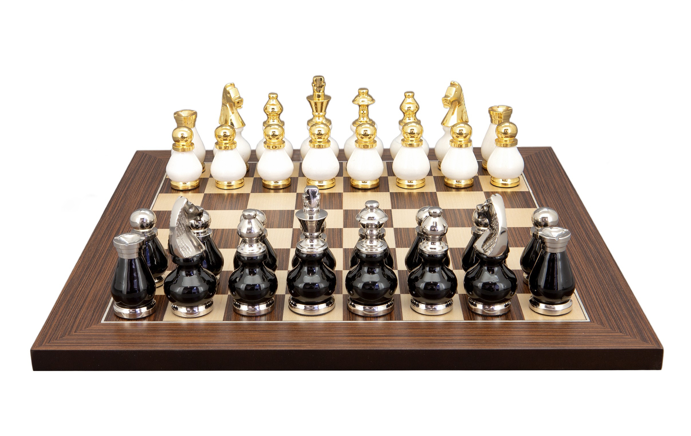 Dal Rossi Italy, Black and White with Gold and Silver Tops and Bottoms Chessmen 90mm on a Palisander / Maple, 40cm Chess Board