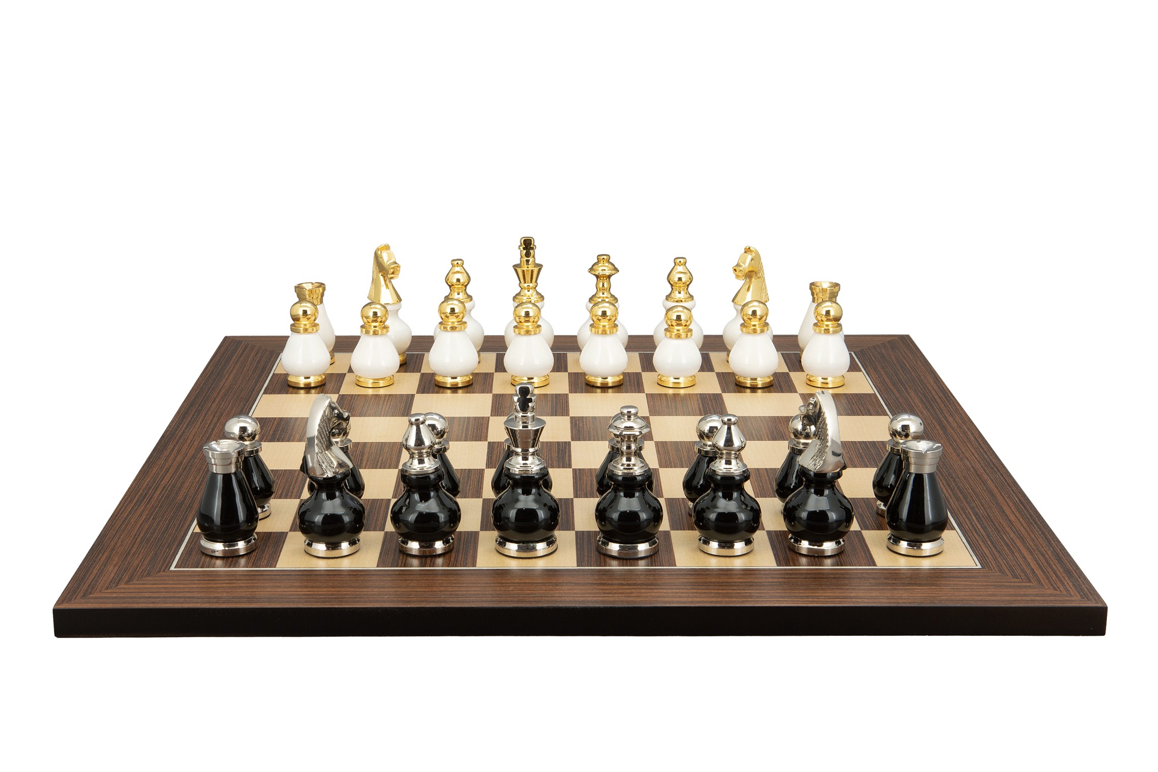 Dal Rossi Italy, Black and White with Gold and Silver Tops and Bottoms Chessmen 90mm on a Palisander / Maple, 50cm Chess Board