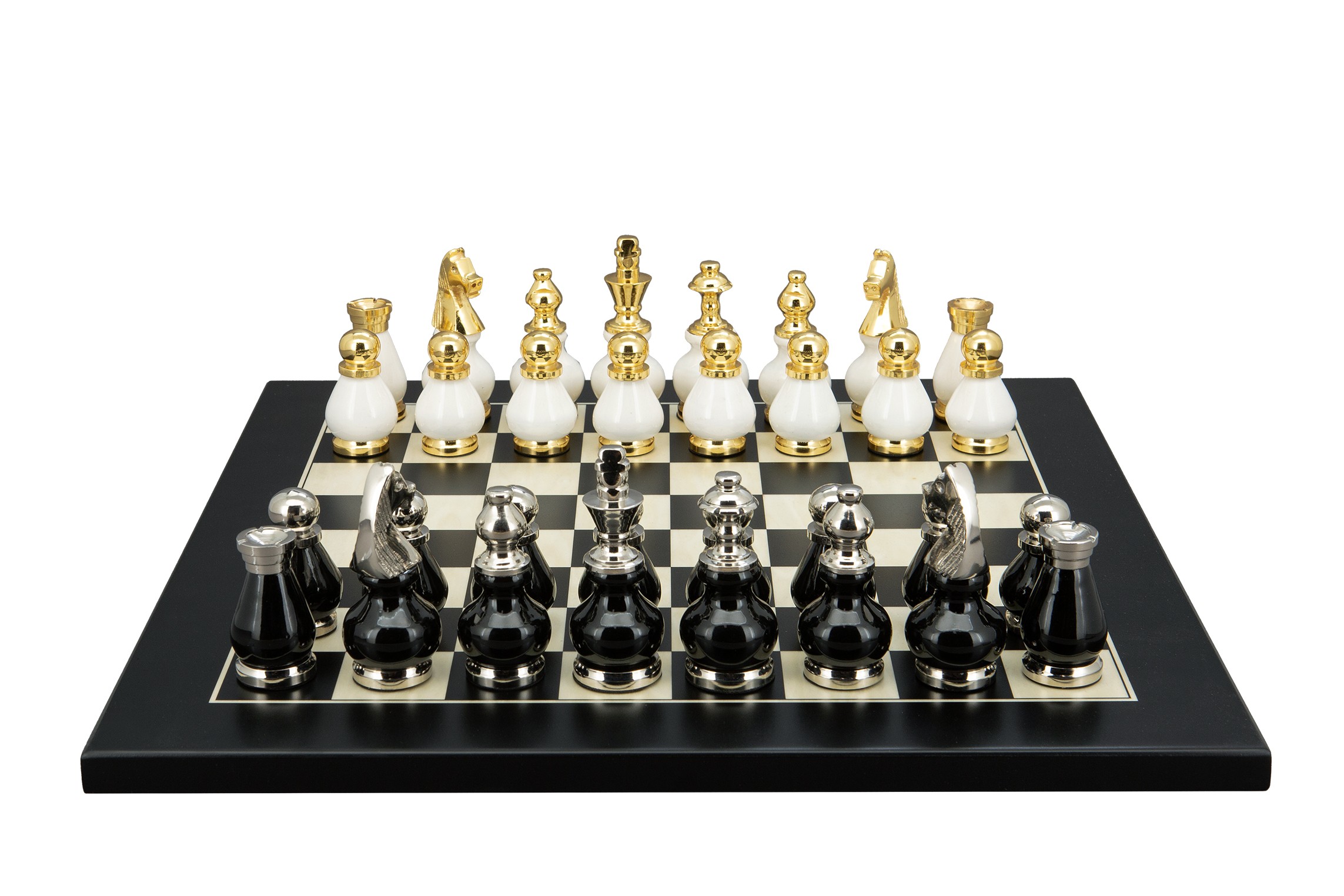Dal Rossi Italy, Black and White with Gold and Silver Tops and Bottoms Chessmen 90mm on a Black / Erable, 40cm Chess Board