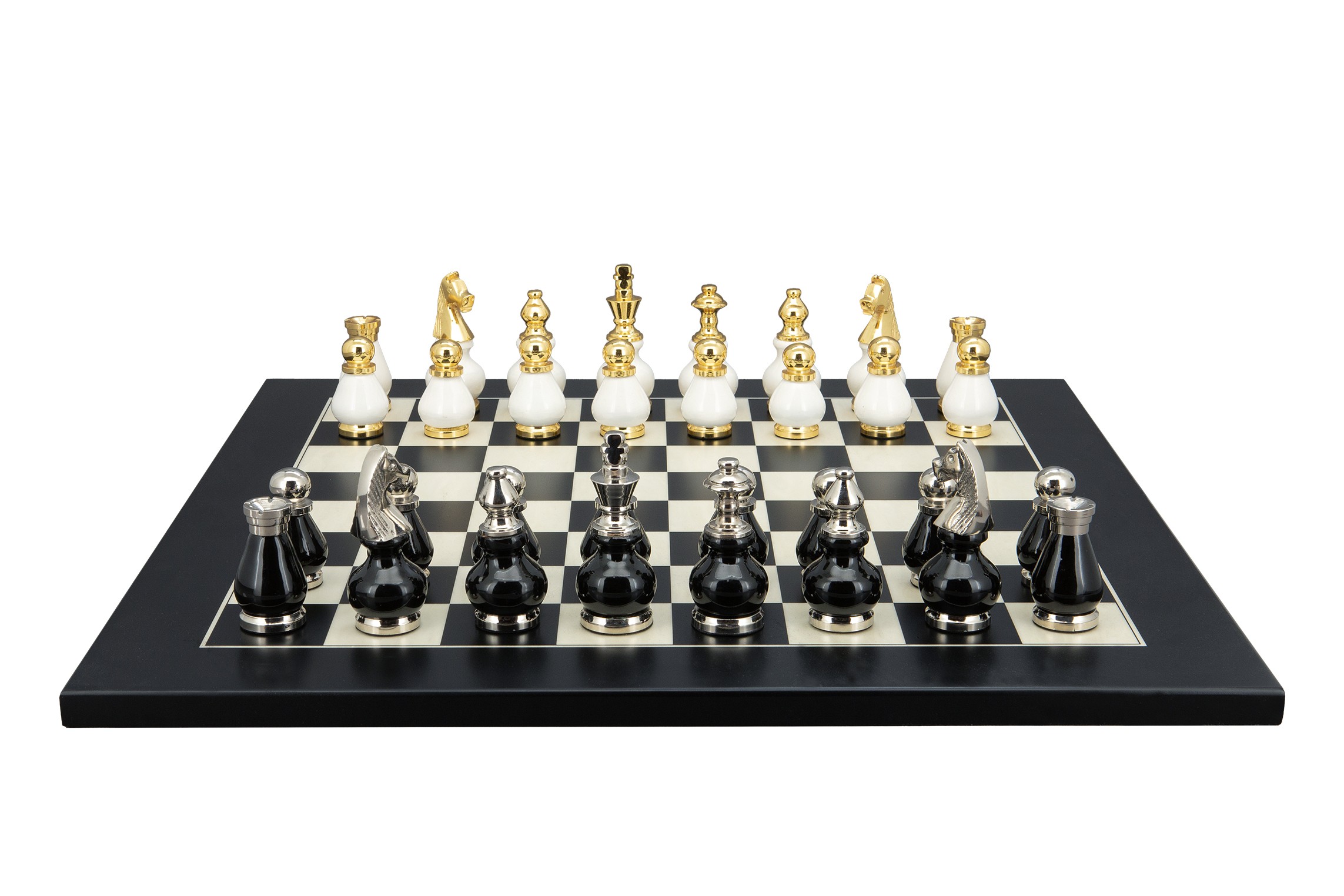 Dal Rossi Italy, Black and White with Gold and Silver Tops and Bottoms Chessmen 90mm on a Black / Erable, 50cm Chess Board