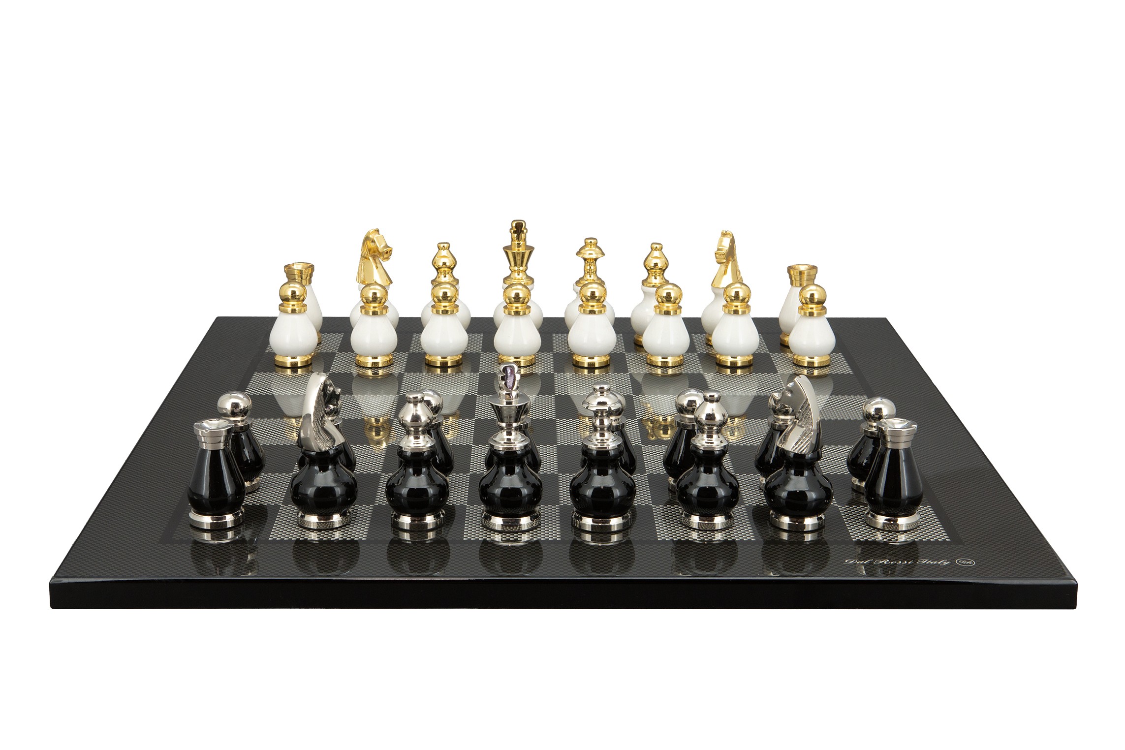 Dal Rossi Italy, Black and White with Gold and Silver Tops and Bottoms Chessmen 90mm on a Carbon Fibre Shiny Finish, 50cm Chess Board
