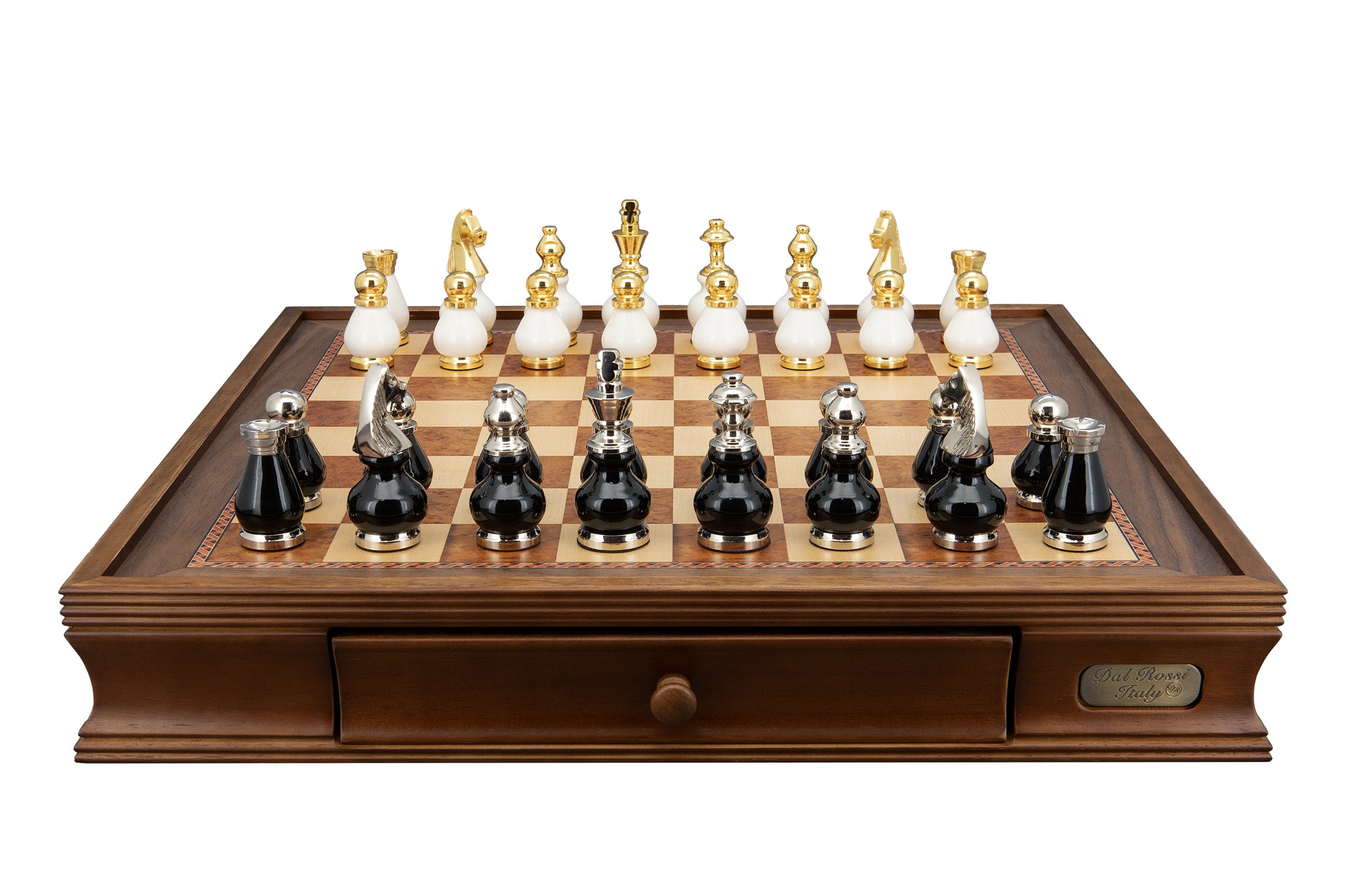Dal Rossi Italy, Black and White with Gold and Silver Tops and Bottoms Chessmen 90mm on a Walnut Chess Box with Drawers 20"