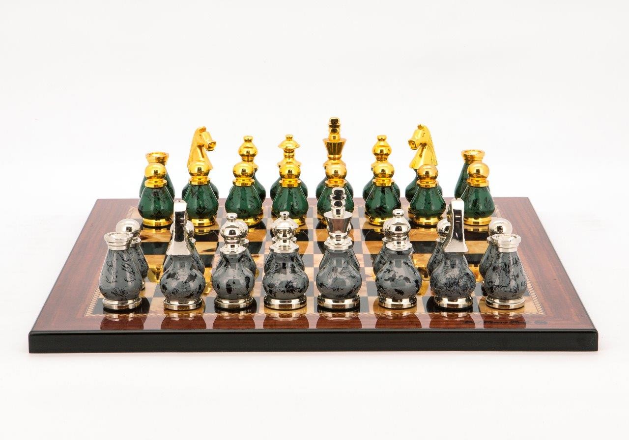 Dal Rossi Italy Chess Set Walnut Finish Flat Board 40cm, With Gray and Green Gold and Silver Metal Tops and Bottoms Chess Pieces 90mm