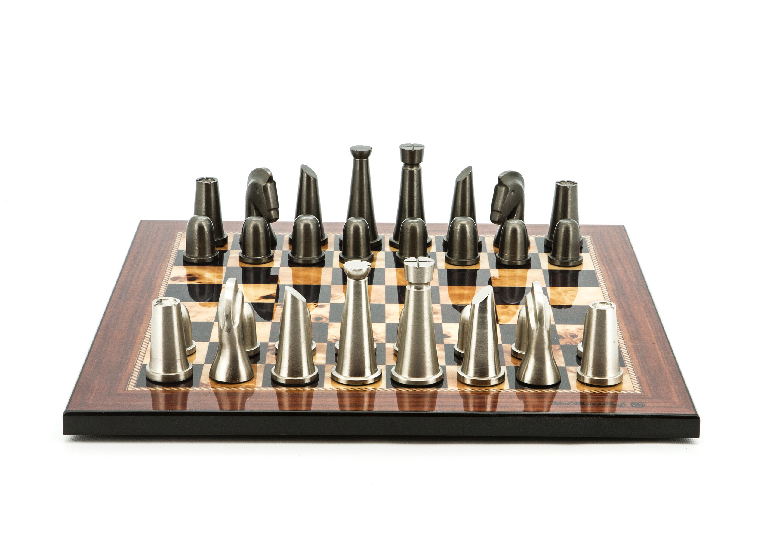 Dal Rossi Italy Chess Set Flat  Walnut Finish Board 40cm, With Metal Dark Titanium and Silver chessmen 85mm