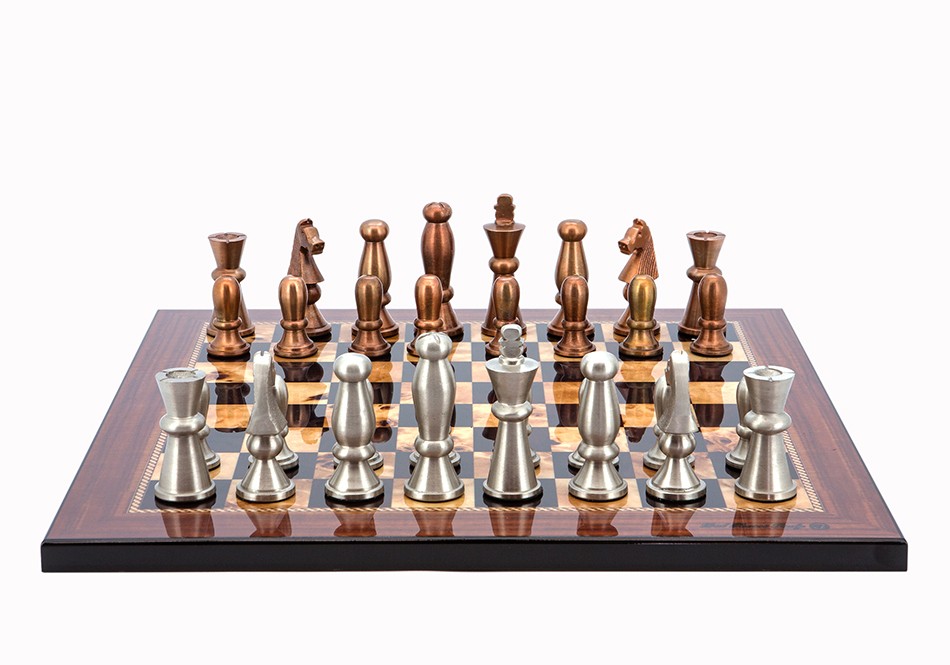 Dal Rossi Italy Chess Set Walnut Finish Flat Board 40cm, With Copper & Silver Weighted Metal Chess Pieces 85mm pieces