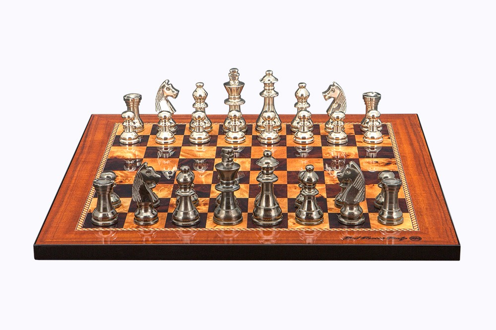 Dal Rossi Italy Chess Set on a 16" Board with Black Nickel & Silver Chessmen 80mm