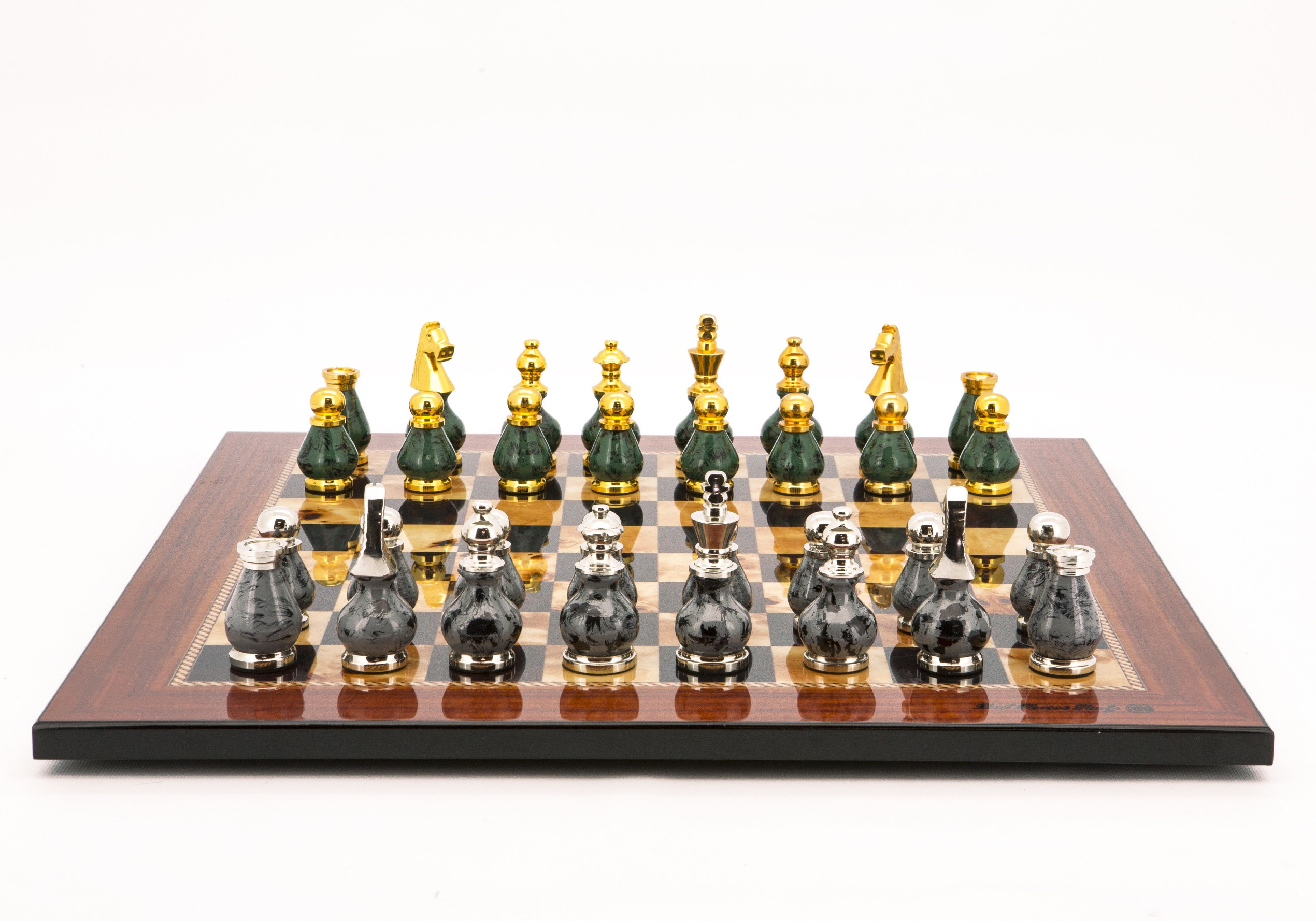 Dal Rossi Italy Chess Set Walnut Finish Flat Board 50cm, With Gray and Green Gold and Silver Metal Tops and Bottoms Chess Pieces 90mm