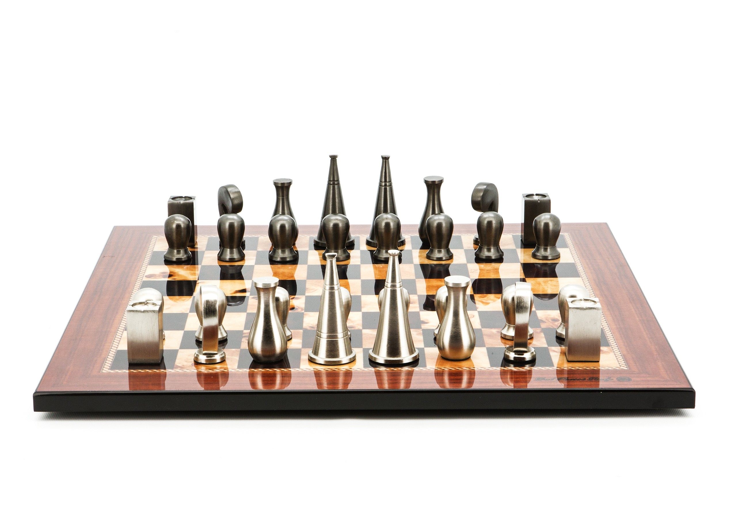 Dal Rossi Italy Chess Set Walnut Finish Flat Board 50cm, With Metal Dark Titanium and Silver 90mm Chessmen