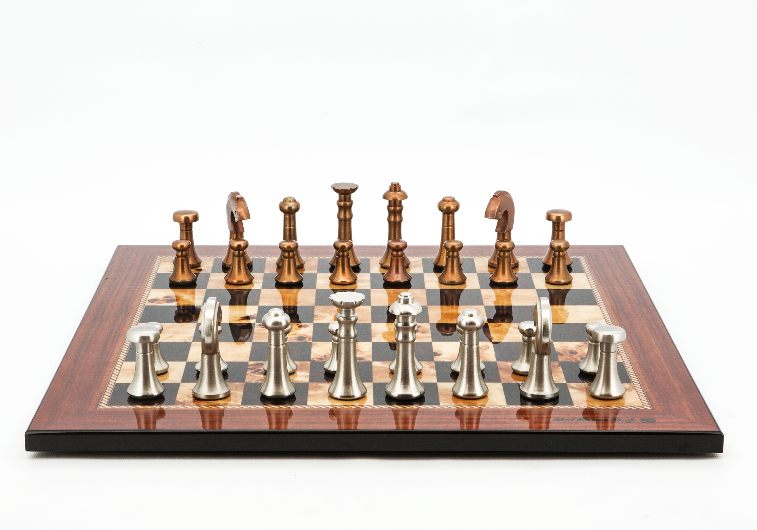 Dal Rossi Italy Chess Set Flat  Walnut Shiny Finish Board 50cm, With Metal Copper and silver Chessmen 80mm