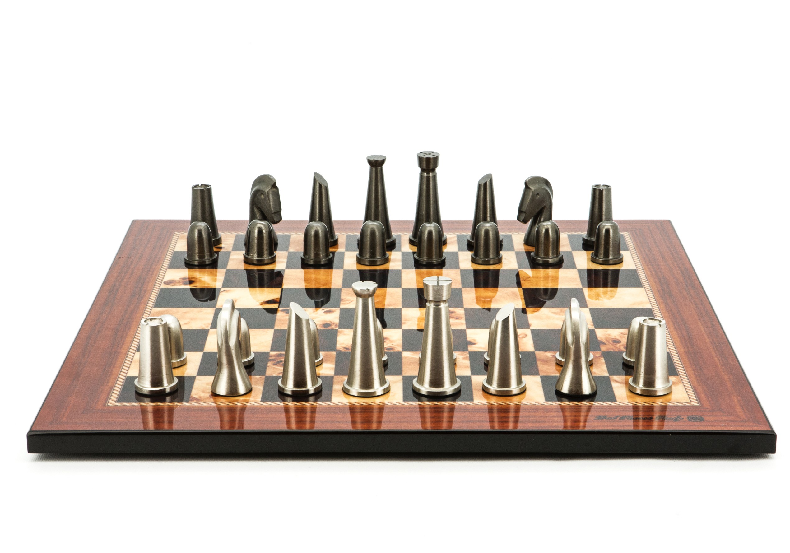 Dal Rossi Italy Chess Set Flat  Walnut Finish Board 50cm, With Metal Dark Titanium and Silver chessmen 85mm