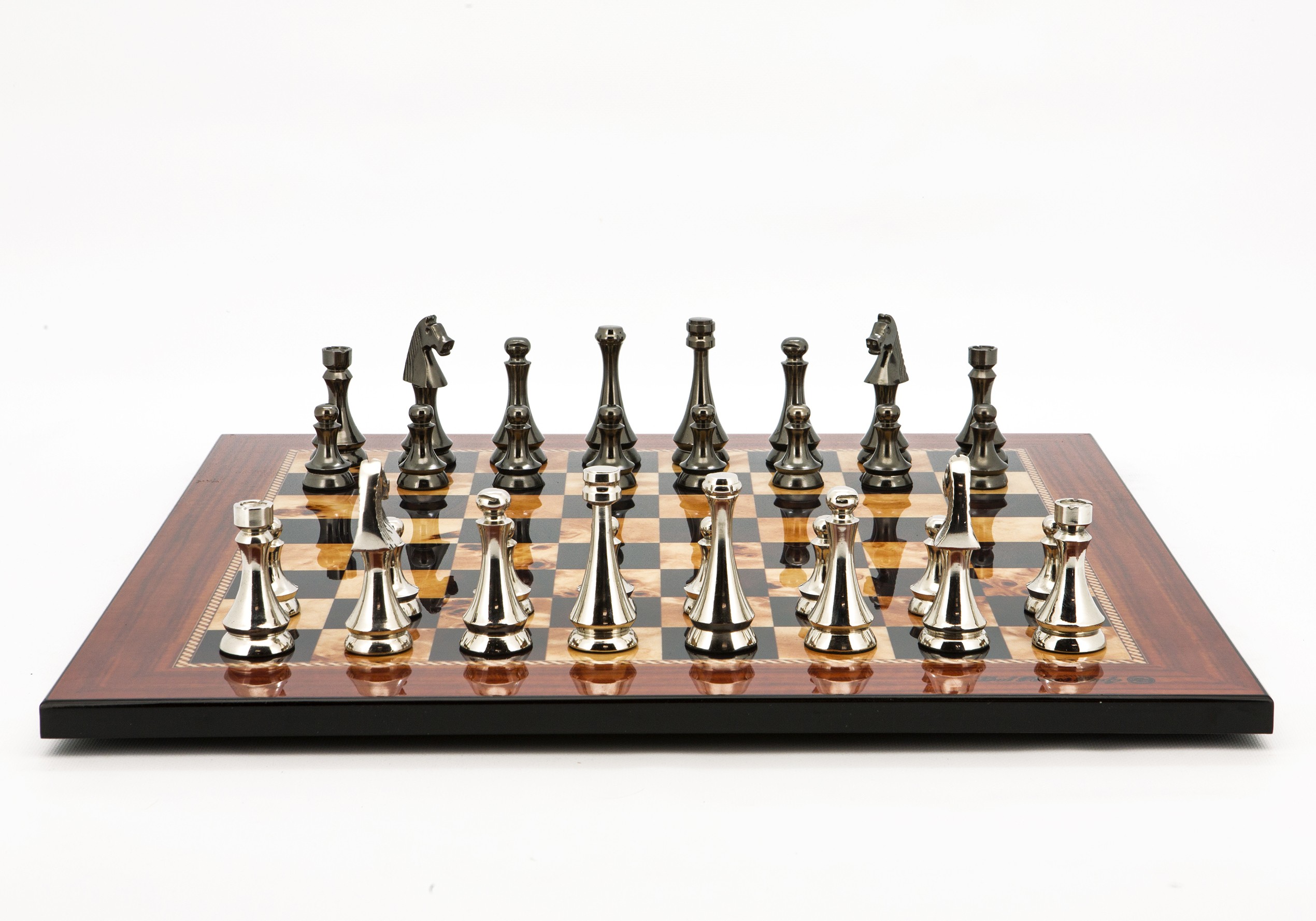 Dal Rossi Italy Chess Set Walnut Finish Flat Board 50cm, With Metal Dark Titanium and Silver chessmen 85mm