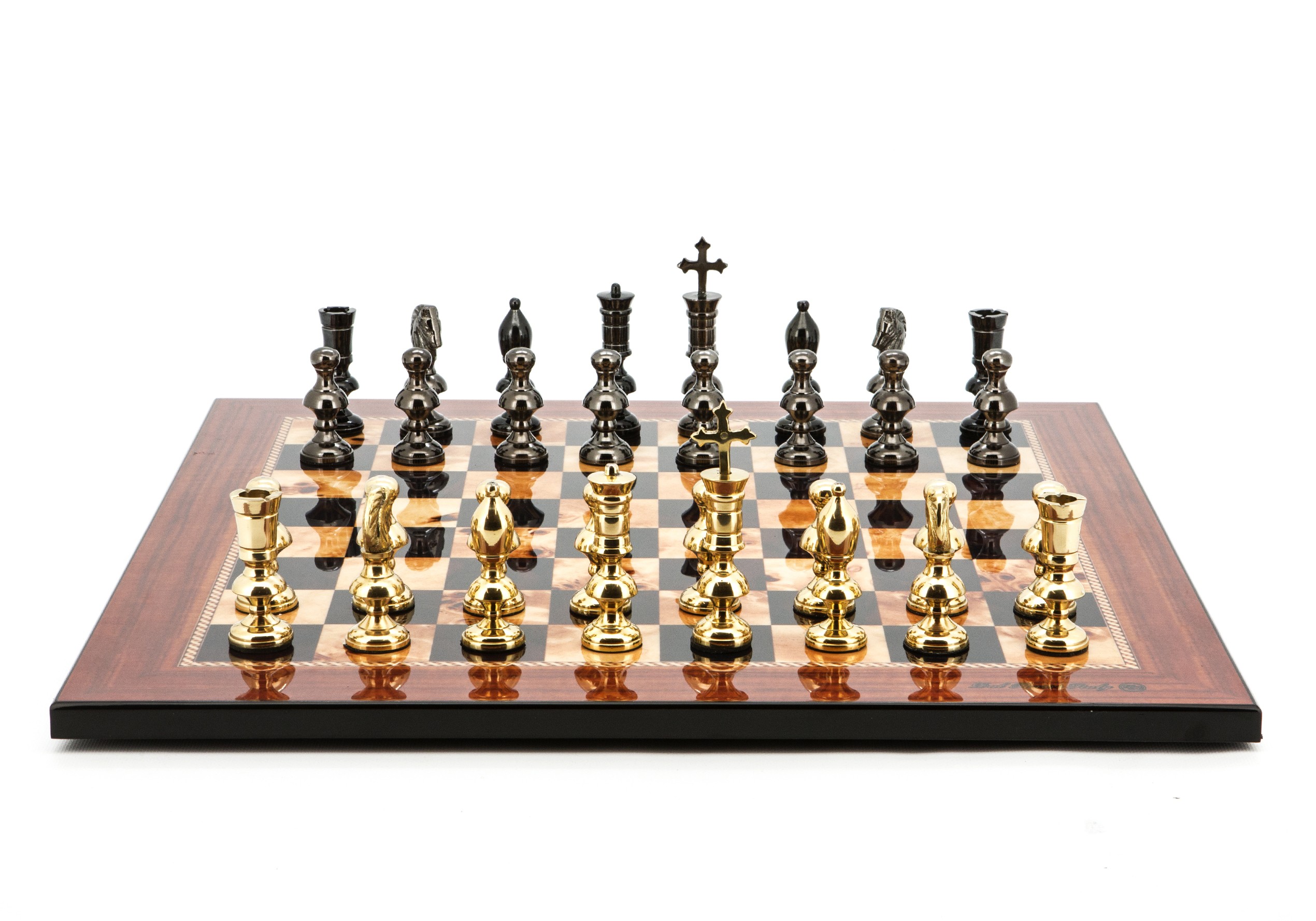 Dal Rossi Italy Chess Set Flat  Walnut Finish Board 50cm, With Metal Dark Titanium and Gold Chessmen 110mm