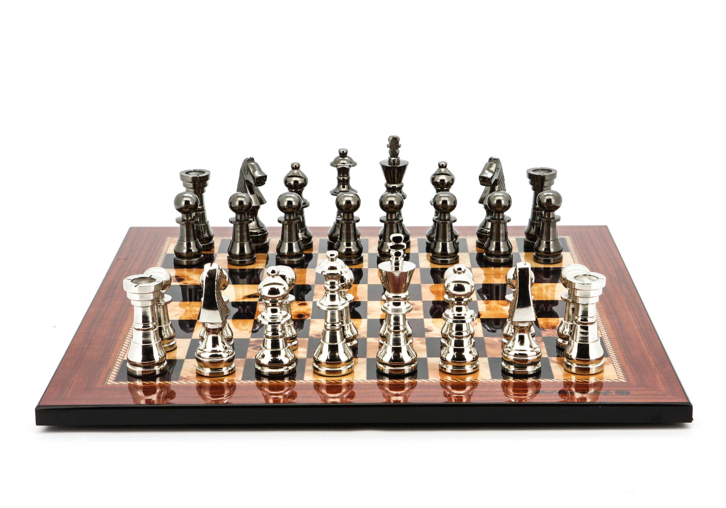 Dal Rossi Italy Chess Set Flat  Walnut Finish Board 50cm, With Metal Dark Titanium and Silver chessmen 115mm