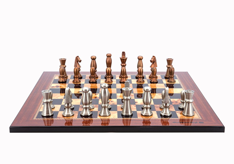 Dal Rossi Italy Chess Set Walnut Finish Flat Board 50cm, With Copper & Silver Weighted Metal Chess Pieces 85mm pieces