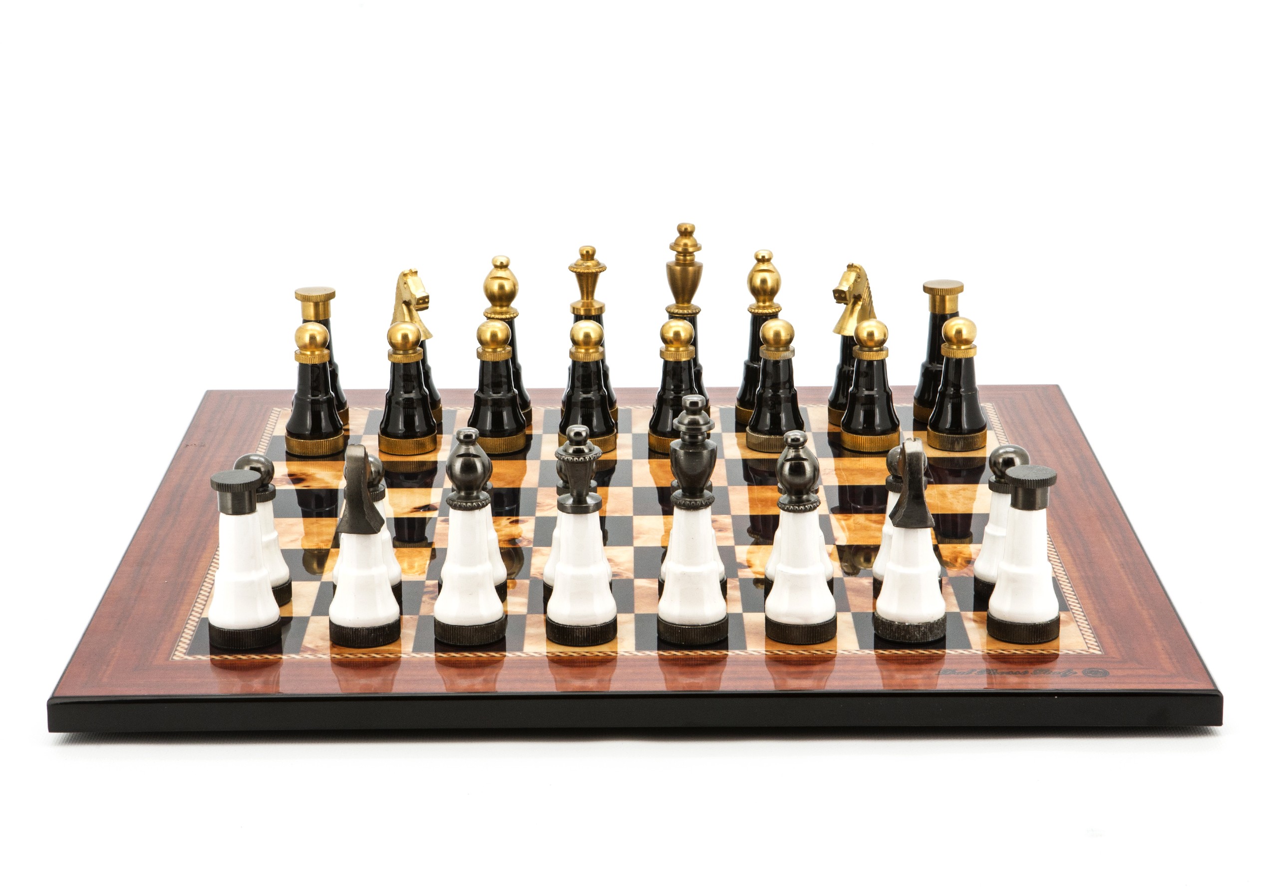 Dal Rossi Italy Chess Set Flat  Walnut Finish Board 50cm,With Black and White with Gold and Gun Metal Tops and Bottoms Chessmen 110mm