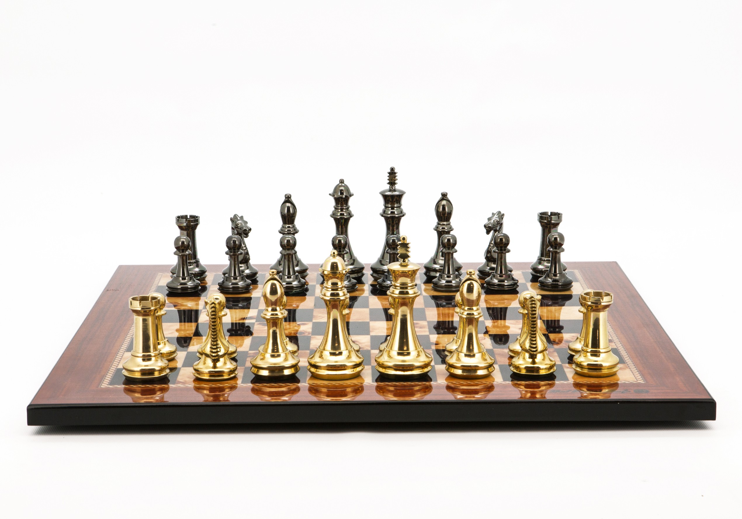 Dal Rossi Italy Chess Set Walnut Finish Board 50cm, With Very Heavy Brass Staunton Gold and Silver chessmen 110mm