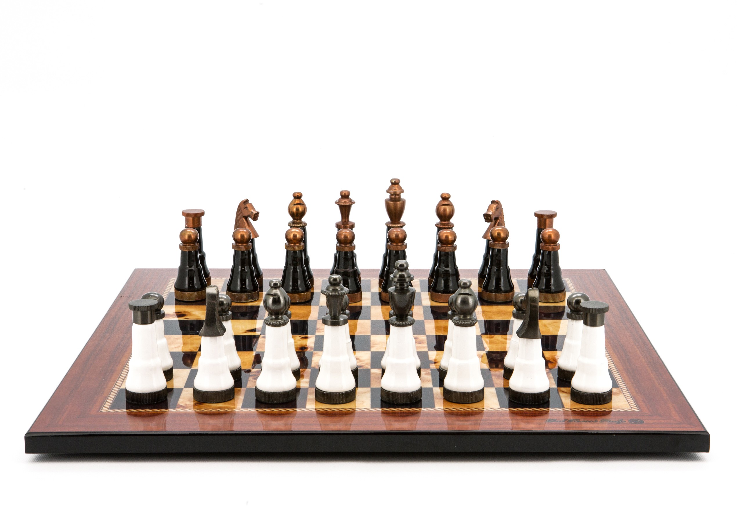 Dal Rossi Italy Chess Set Flat  Walnut Finish 50cm, With Black and White with Copper and Gun Metal Gray Tops and Bottoms Chess Pieces 110mm 