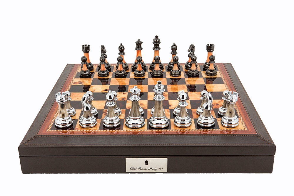 Dal Rossi 16" Chess Set Walnut Finish Chess Set with PU Leather Edge with compartments and Metal / Marble Finish Chess Pieces