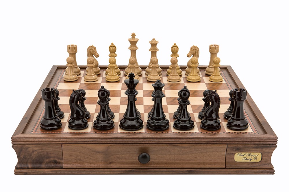 Dal Rossi Italy Black Ebony and Box Wood Finish Chess Pieces Chess Set 20"