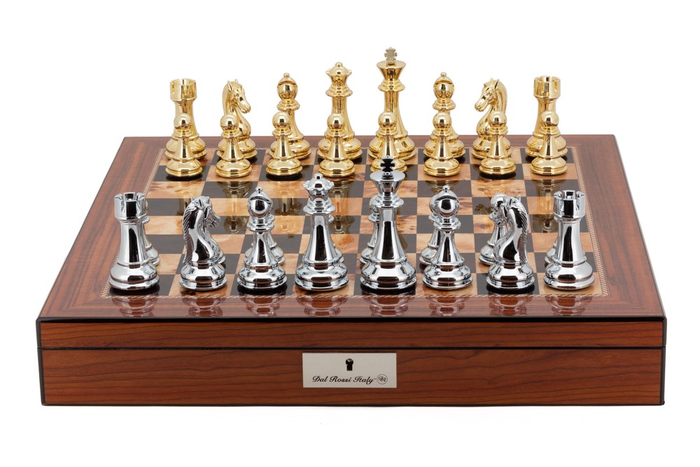 Dal Rossi Italy Gold & Silver Chess Pieces on Walnut Finish Chess Box 20” with compartments
