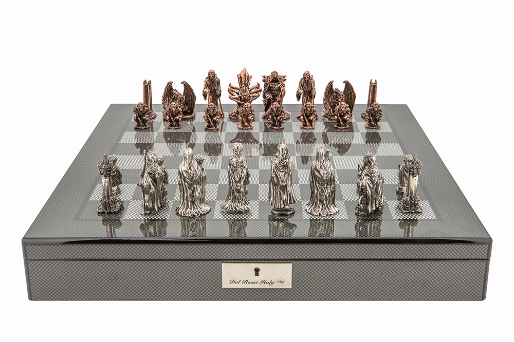 Dal Rossi Italy Evil Ring Metal Chess Set on Carbon Fibre Shiny Finish Chess Box 20” with compartments