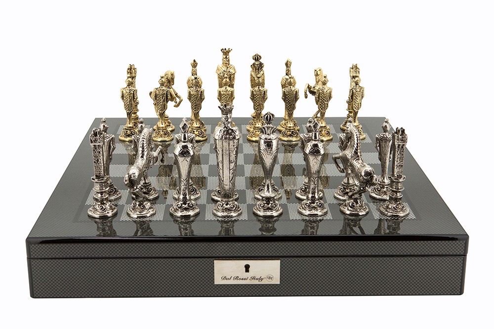 Dal Rossi Italy Renaissance Chess Set on Carbon Fibre Shiny Finish Chess Box 20” with compartments
