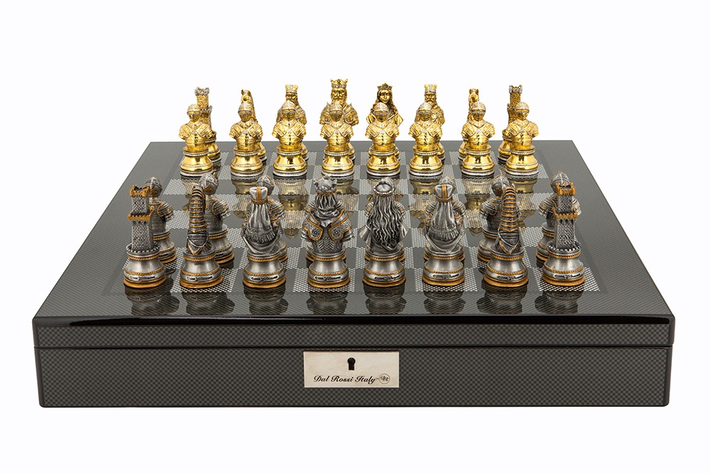 Dal Rossi Italy Medieval Warrior Chess Set on Carbon Fibre Shiny Finish Chess Box 20” with compartments