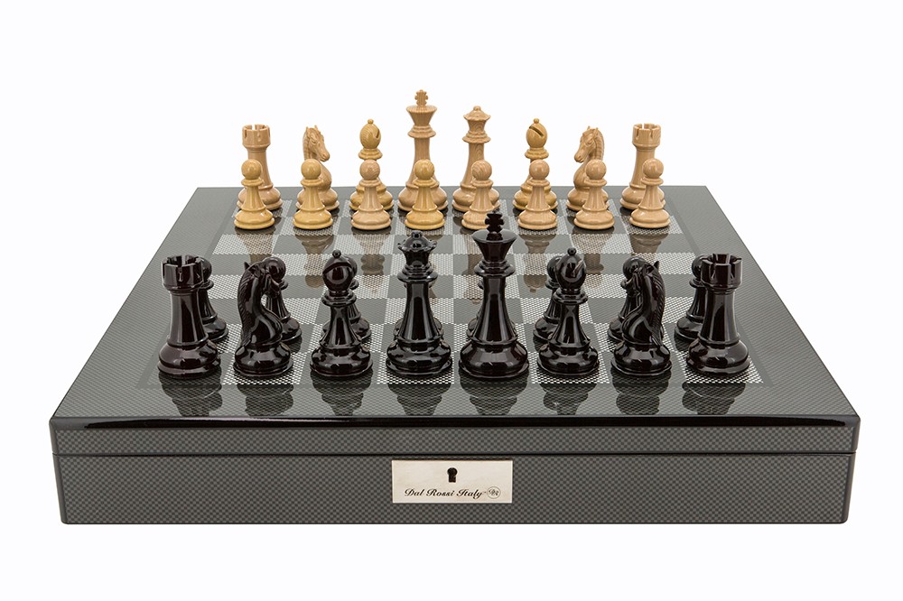 Dal Rossi Italy Dark Black Ebony and Box wood Finish Chess Set on Carbon Fibre Shiny Finish Chess Box 20” with compartments