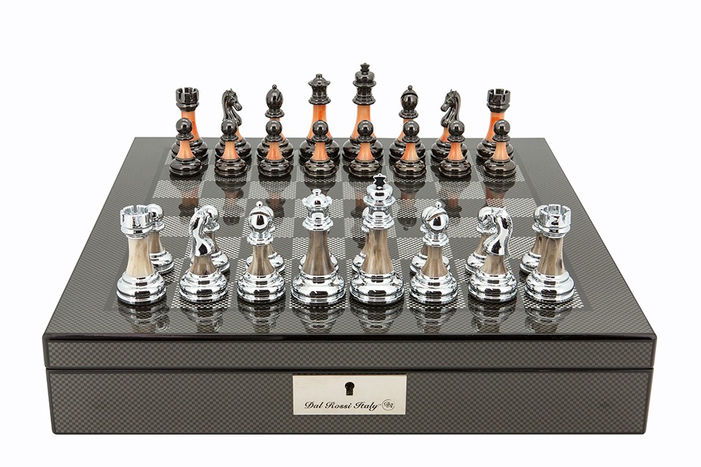 Dal Rossi Italy Carbon Fibre Shiny Finish Chess Box 16” with Metal Marble Chess Pieces