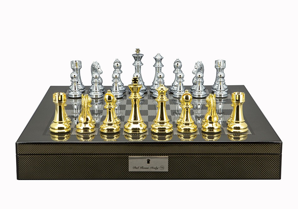 Dal Rossi Italy Gold / Silver Chess Pieces on Carbon Fibre Shiny Finish Chess Box 20” with compartments