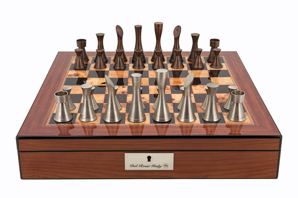 Dal Rossi Chess set Contemporary Walnut Finish Chess Box 16” with compartments