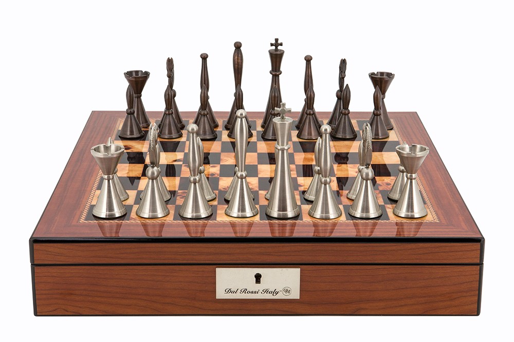Dal Rossi Chess set  Staunton Metal Walnut Finish Chess Box 16” with compartments