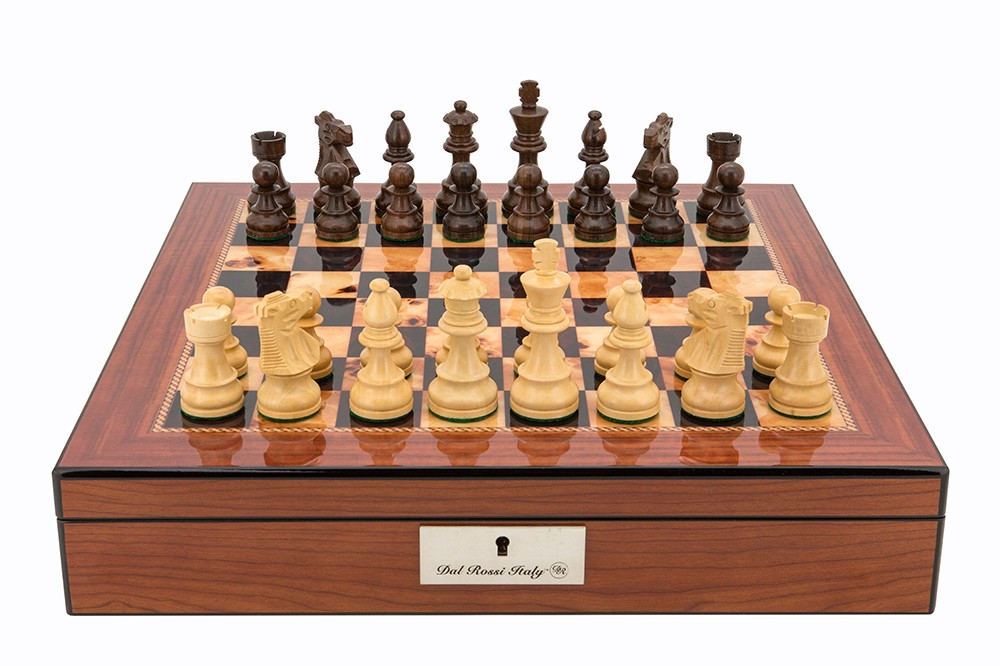 Dal Rossi Italy Staunton Wooden 85mm Chess Pieces on Walnut Shiny Finish Chess Box 16” with compartments