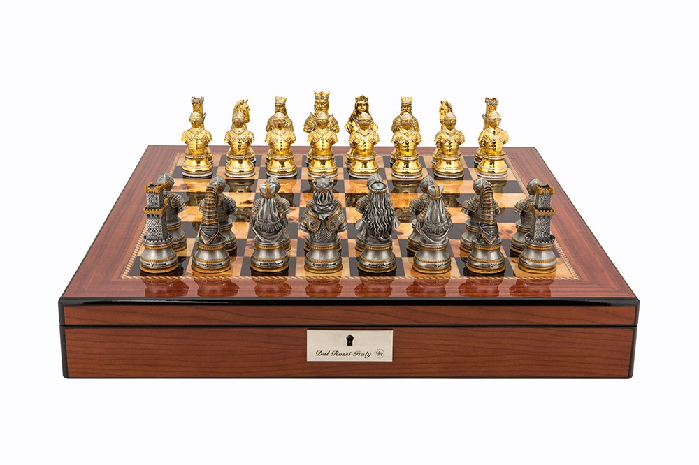 Dal Rossi Italy Medieval Warrior Chess Set on Walnut Finish Chess Box 20” with compartments