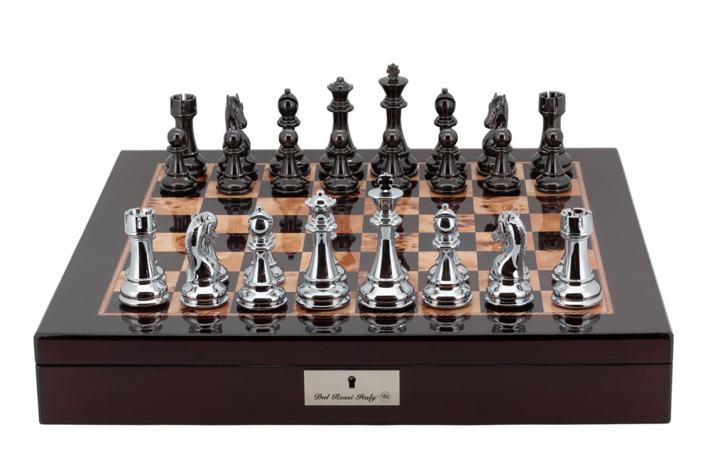 Dal Rossi Italy Chess Box  Mahogany Finish 20" with compartments Silver & Titanium 101mm pieces