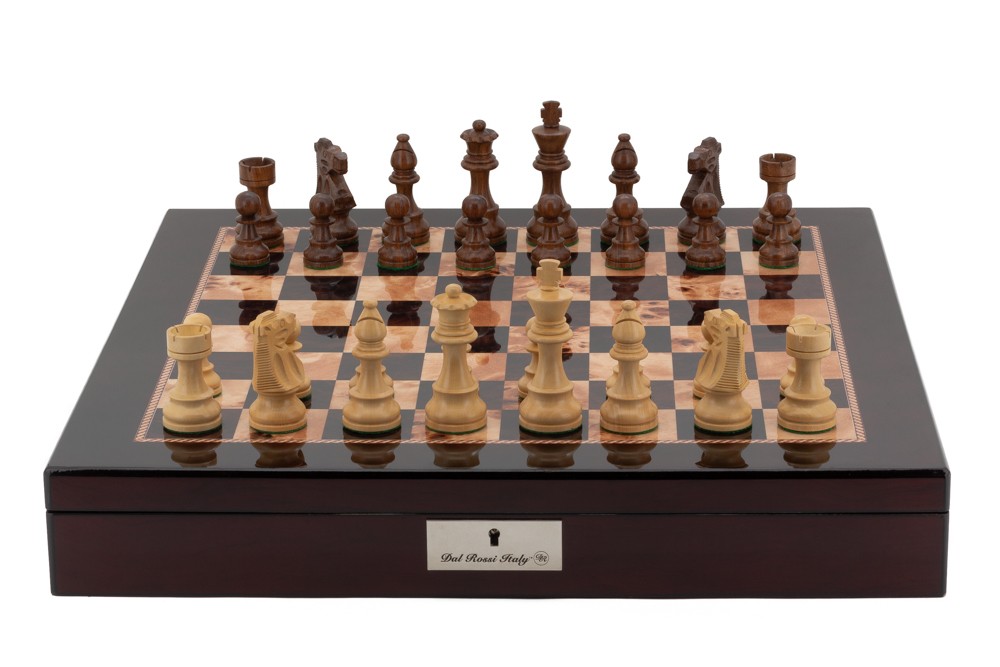 Dal Rossi Italy Chess Box Mahogany Finish 20" with compartments with Staunton Wooden 95mm Chess pieces