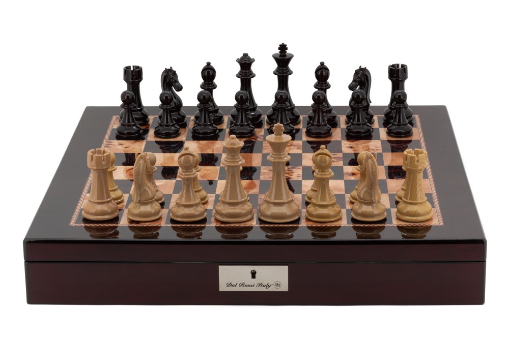 Dal Rossi Italy Chess Box Mahogany Finish 20" with compartments with Black Ebony  and Wood Grain Finish 101mm Chess pieces