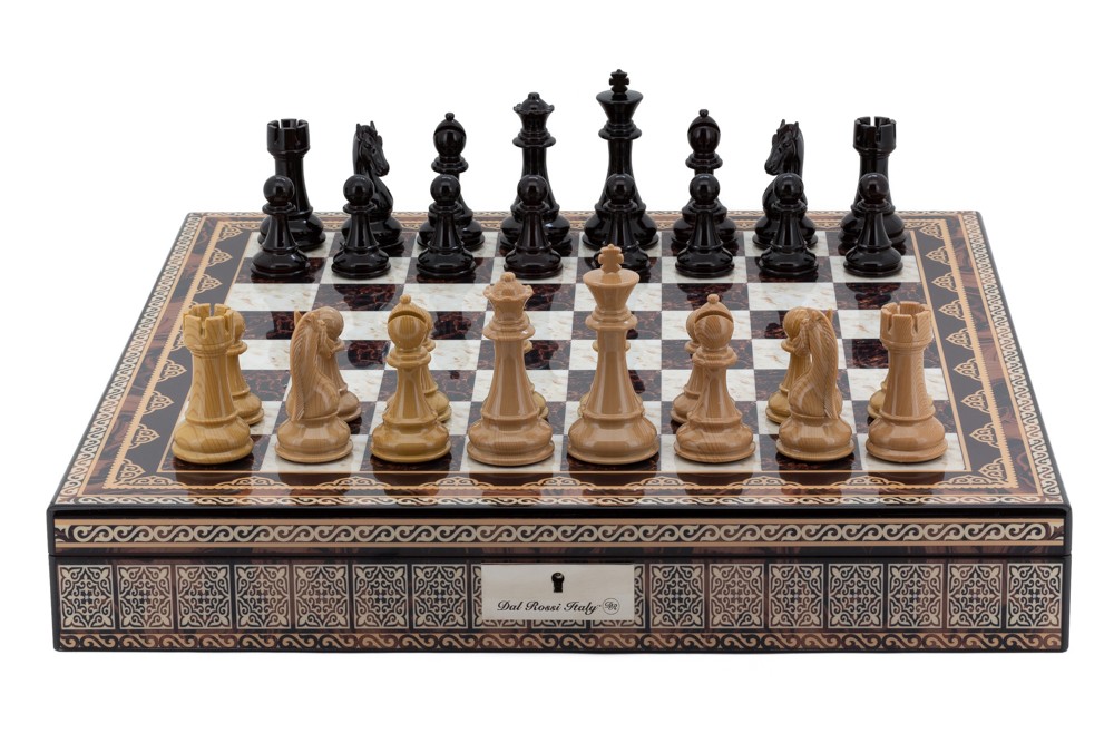 Dal Rossi Italy Chess Box Mosaic  Finish 20" with compartments with Black Ebony and Wood Grain Finish101mm Chess pieces