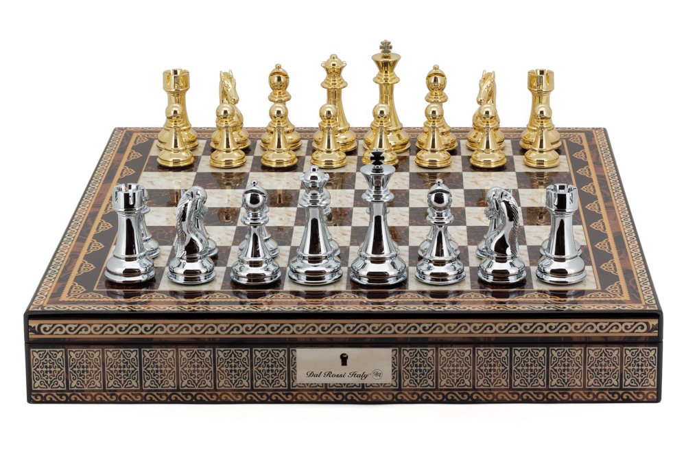 Dal Rossi Italy Chess Box Mosaic  Finish 20" with compartments with Gold and Silver Finish 101mm Chess pieces