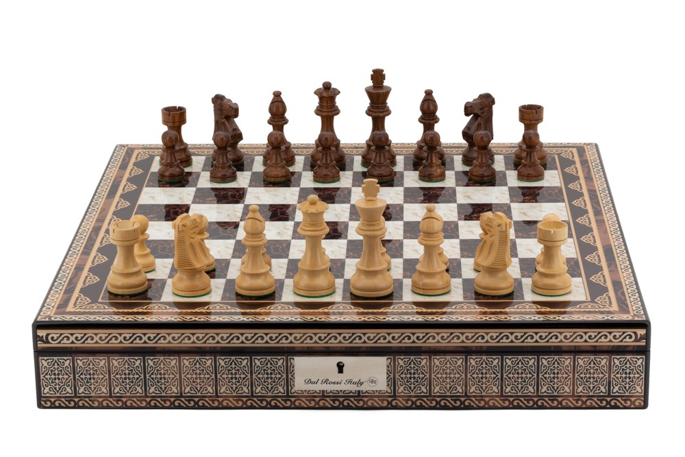 Dal Rossi Italy Chess Box Mosaic  Finish 20" with compartments with Staunton Wooden 95mm Double weighted Chess pieces 