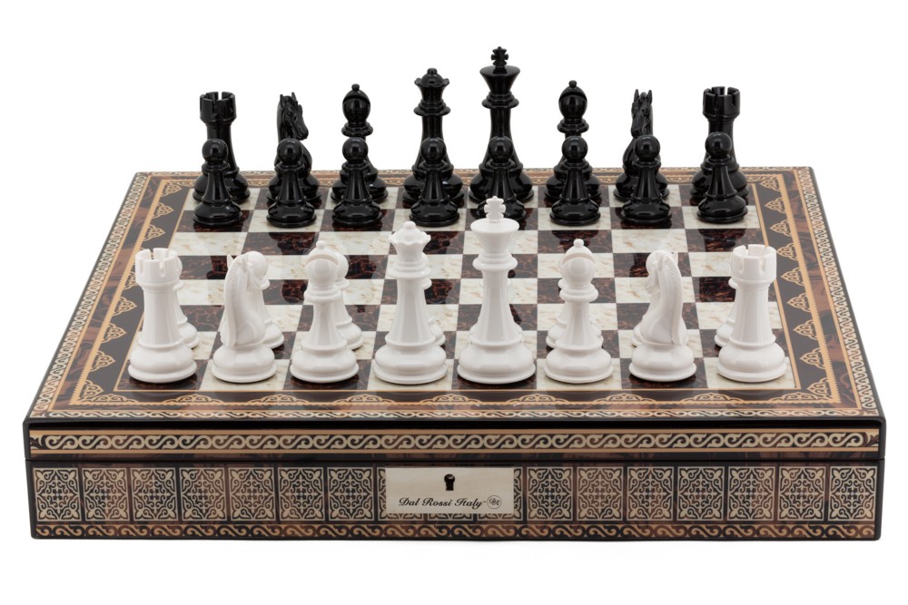 Dal Rossi Italy Chess Box Mosaic  Finish 20" with compartments with Black & White Finish 101mm Chess pieces
