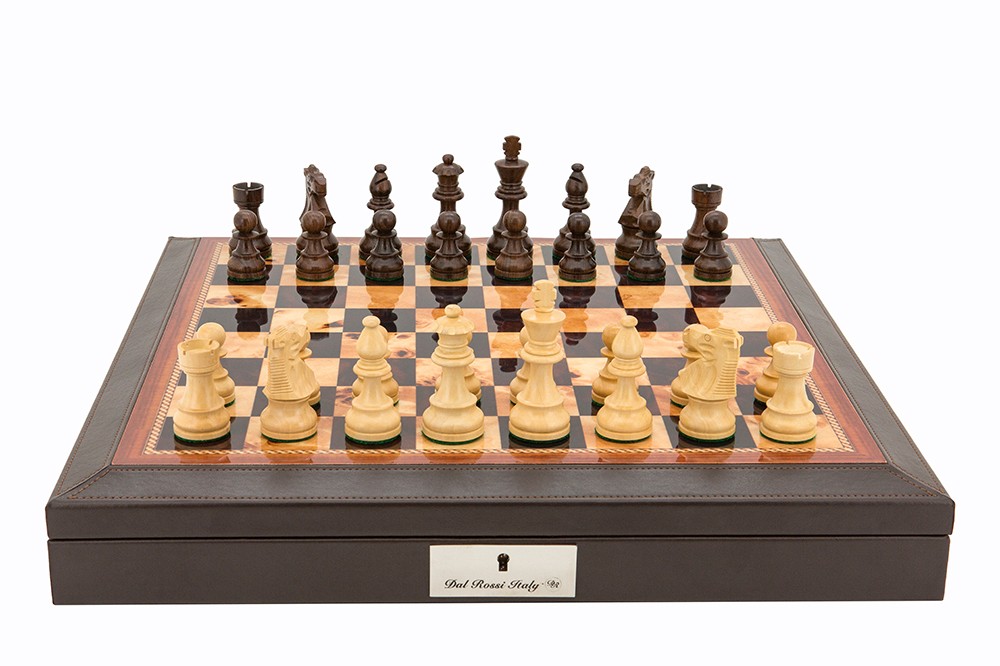 Dal Rossi 18" Chess Set Walnut Finish Chess Set with PU Leather Edge with compartments and Boxwood and Sheesham  85mm Chess Pieces