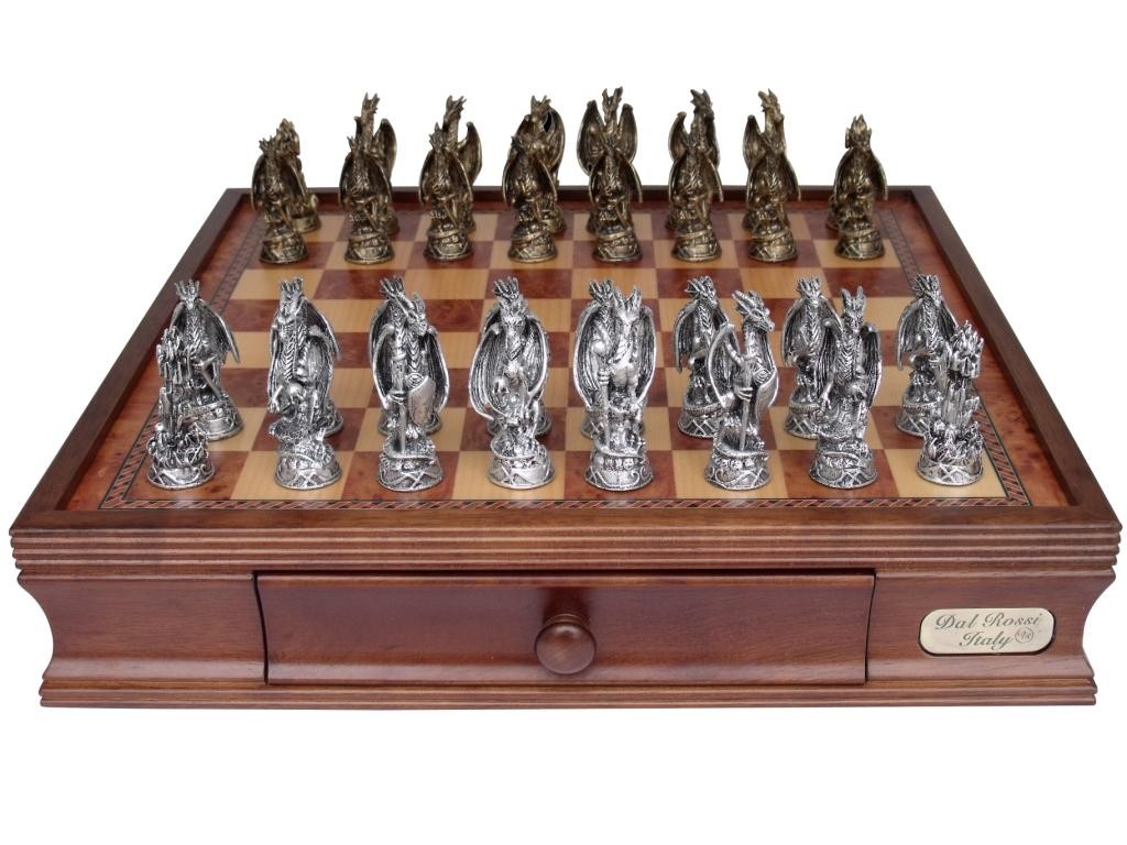 Dal Rossi Italy, Mystical Dragon Chess Set, Pewter, 95mm on Dal Rossi 40cm Chess Box